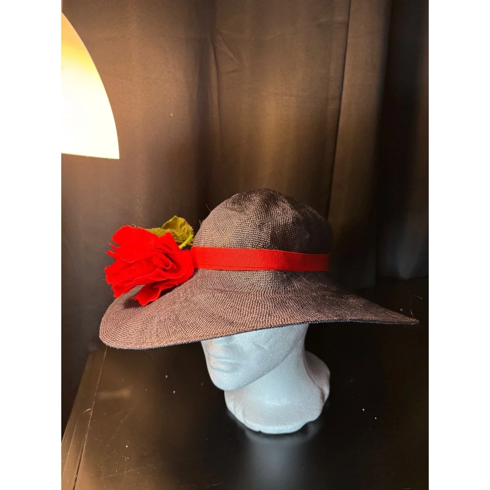 Career Collection Navy Blue Wide Brim Sun Hat Red Rose Accent Straw Style Hat
